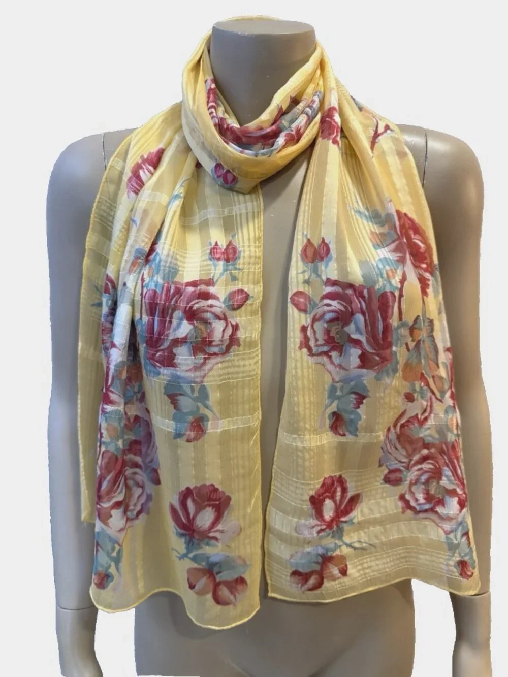 VTG Ralph Lauren Silk Chiffon Scarf Cabbage Roses, Stripes Cottagecore 15